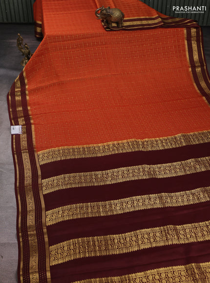 Pure mysore silk saree rust shade and coffee brown with allover small zari checked pattern and zari woven border