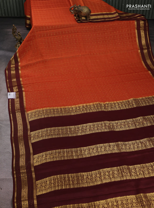 Pure mysore silk saree rust shade and coffee brown with allover small zari checked pattern and zari woven border