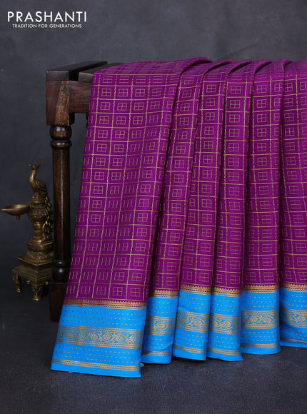 Pure mysore silk saree purple and cs blue with allover small zari checked pattern and zari woven border