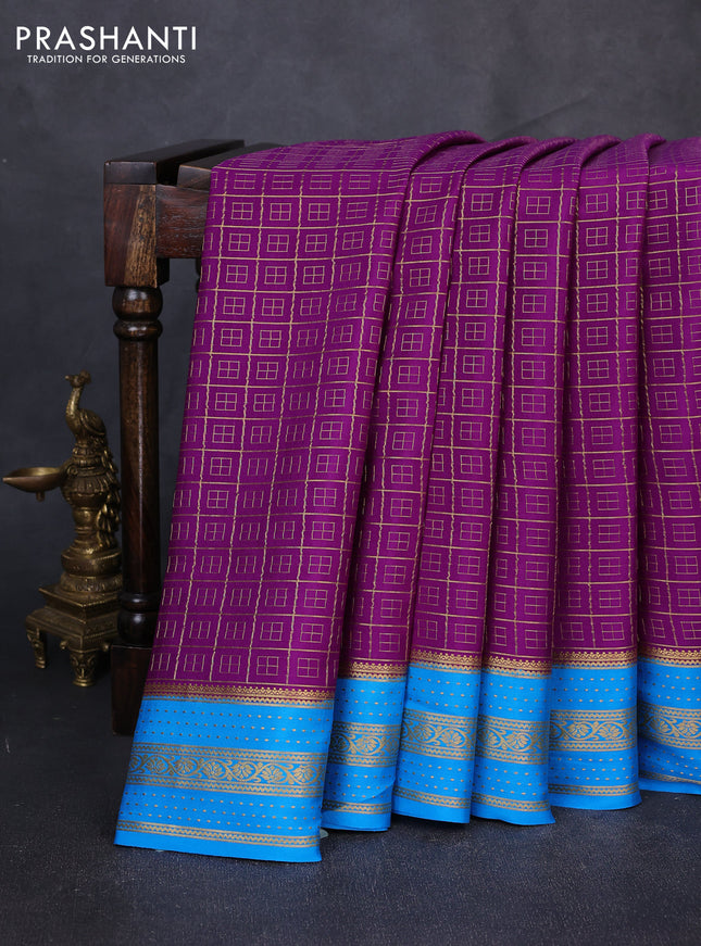 Pure mysore silk saree purple and cs blue with allover small zari checked pattern and zari woven border