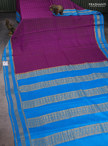 Pure mysore silk saree purple and cs blue with allover small zari checked pattern and zari woven border