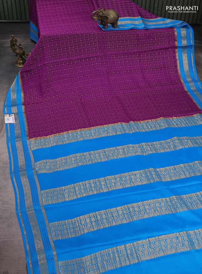 Pure mysore silk saree purple and cs blue with allover small zari checked pattern and zari woven border