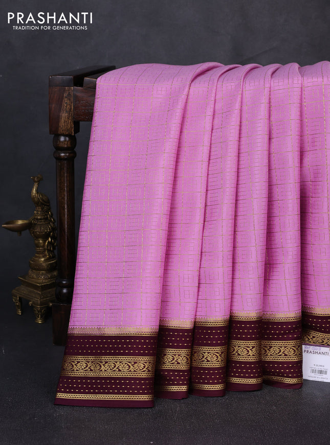 Pure mysore silk saree lotus pink and coffee brown with allover small zari checked pattern and zari woven border
