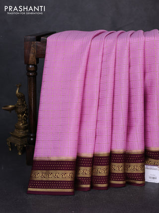Pure mysore silk saree lotus pink and coffee brown with allover small zari checked pattern and zari woven border
