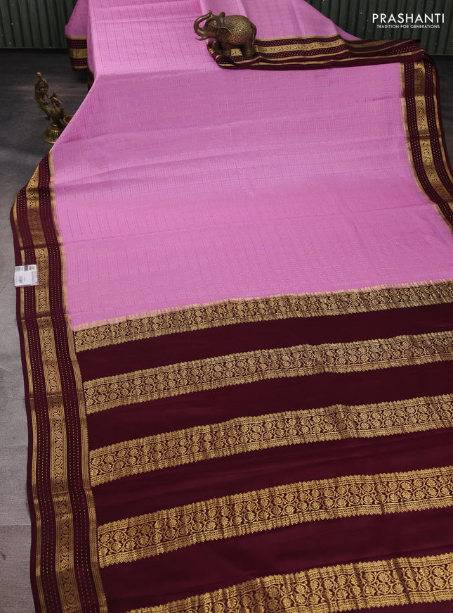 Pure mysore silk saree lotus pink and coffee brown with allover small zari checked pattern and zari woven border