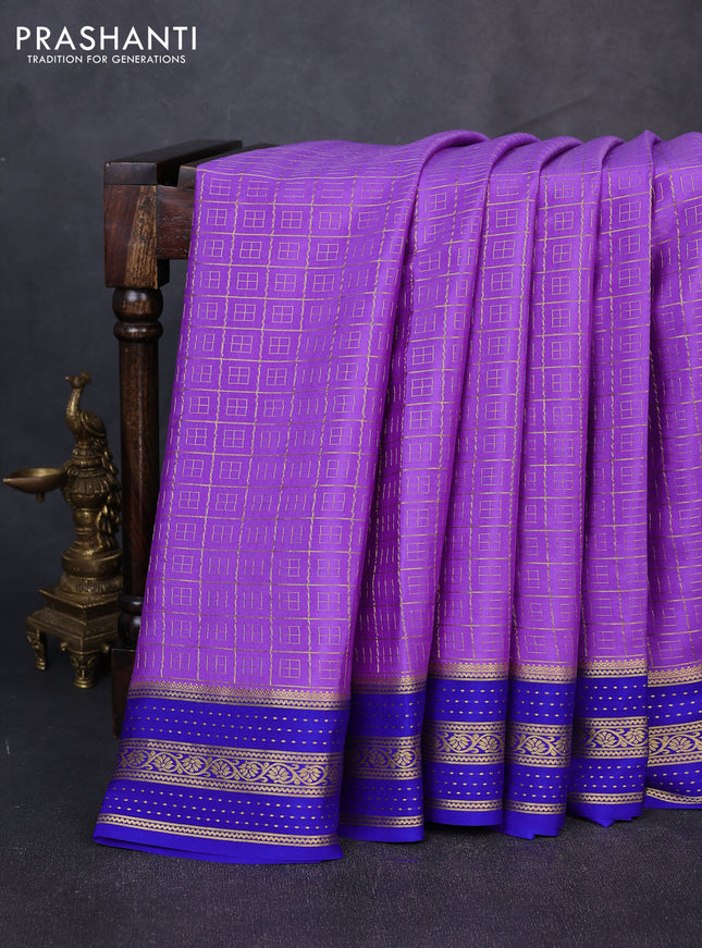 Pure mysore silk saree lavender and royal blue with allover small zari checked pattern and zari woven border
