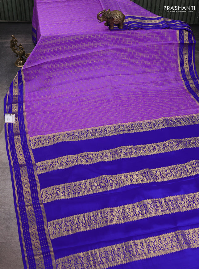 Pure mysore silk saree lavender and royal blue with allover small zari checked pattern and zari woven border