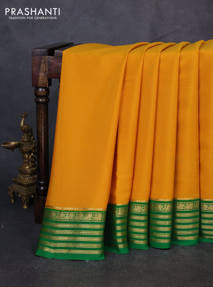 Pure mysore silk saree mustard yellow and green with plain body and zari woven border