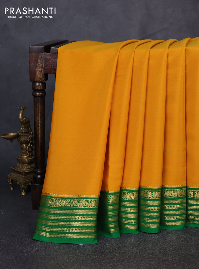 Pure mysore silk saree mustard yellow and green with plain body and zari woven border
