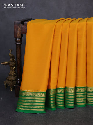 Pure mysore silk saree mustard yellow and green with plain body and zari woven border
