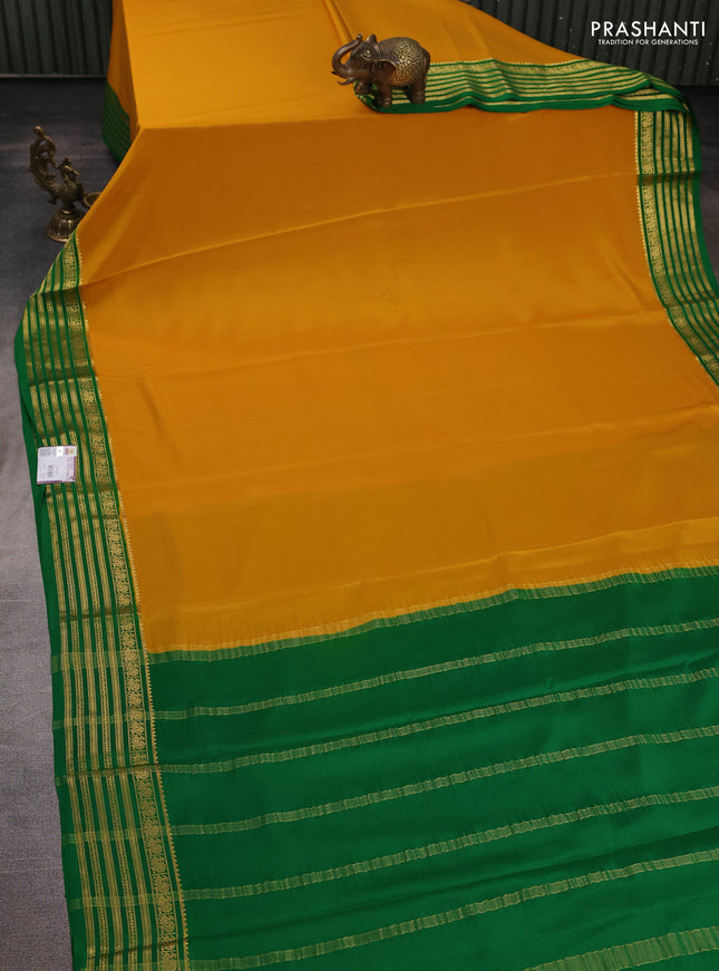 Pure mysore silk saree mustard yellow and green with plain body and zari woven border
