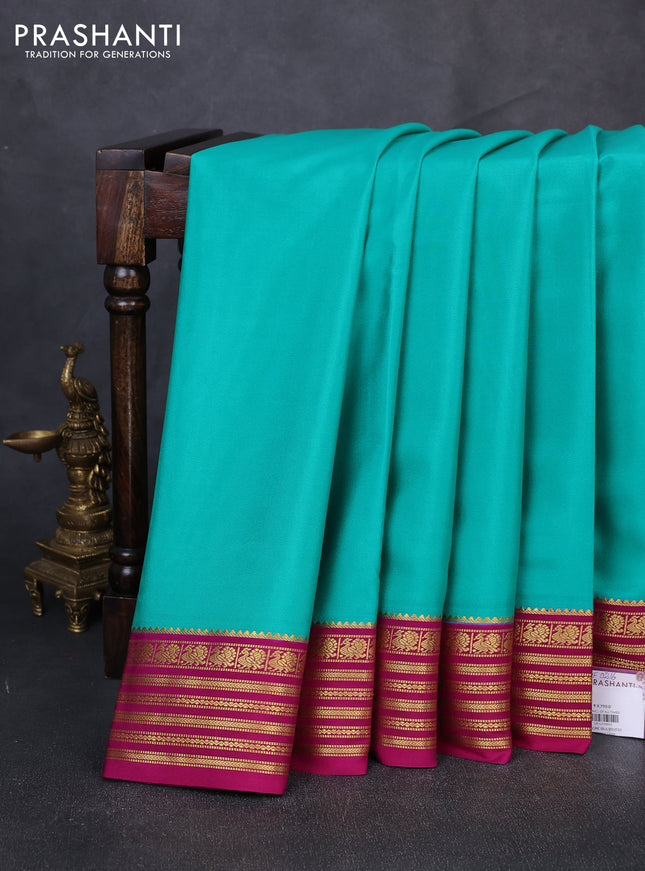 Pure mysore silk saree teal green and pink with plain body and zari woven border