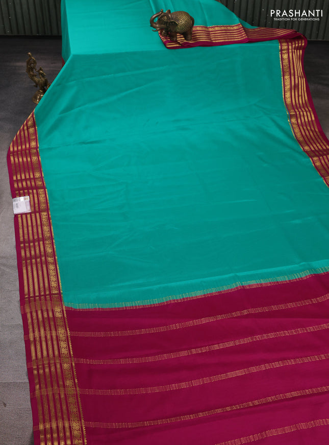 Pure mysore silk saree teal green and pink with plain body and zari woven border