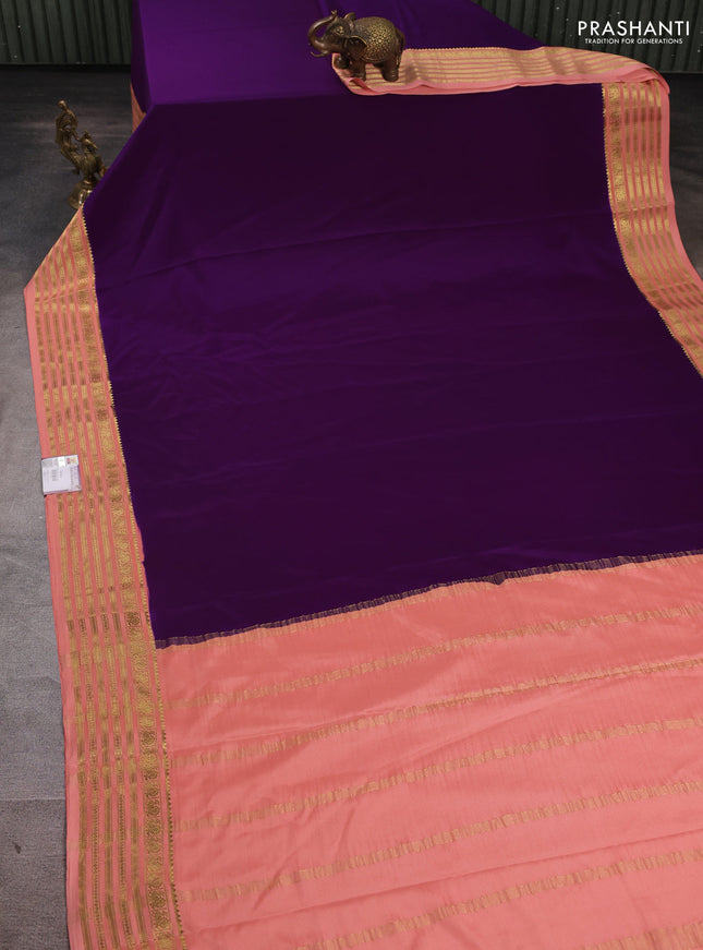 Pure mysore silk saree purple and peach shade with plain body and zari woven border