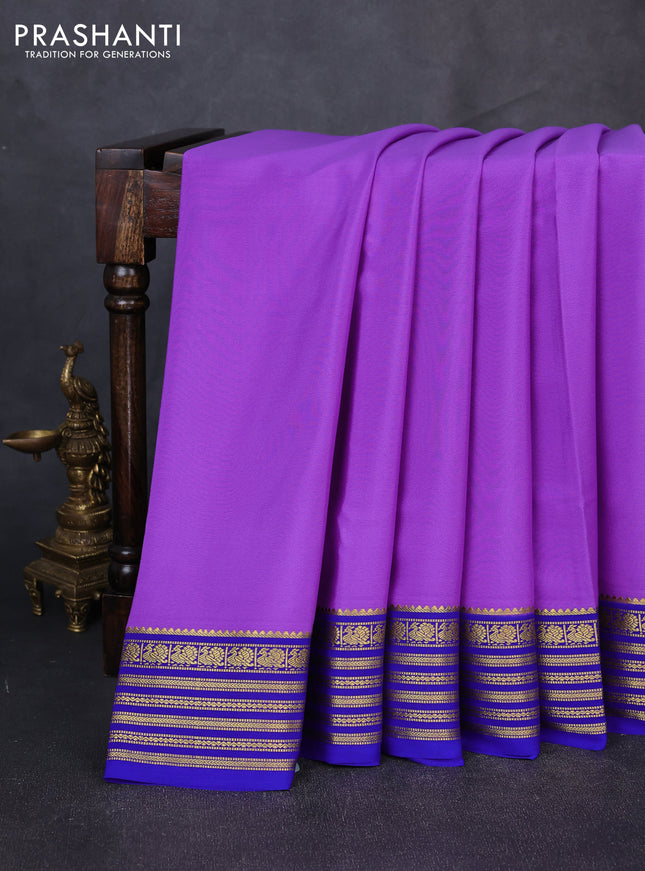 Pure mysore silk saree lavender and royal blue with plain body and zari woven border