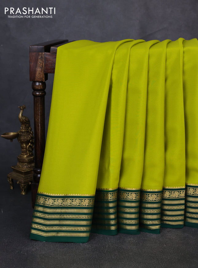 Pure mysore silk saree lime green and green with plain body and zari woven border