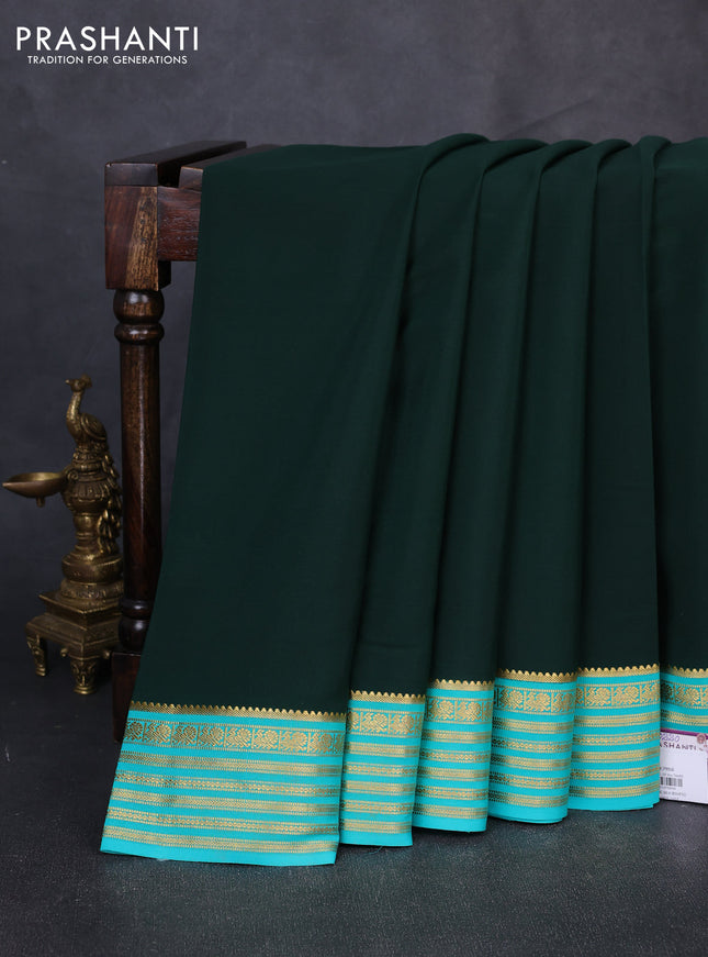 Pure mysore silk saree bottle green and teal green with plain body and zari woven border