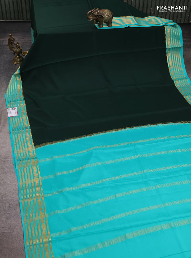 Pure mysore silk saree bottle green and teal green with plain body and zari woven border