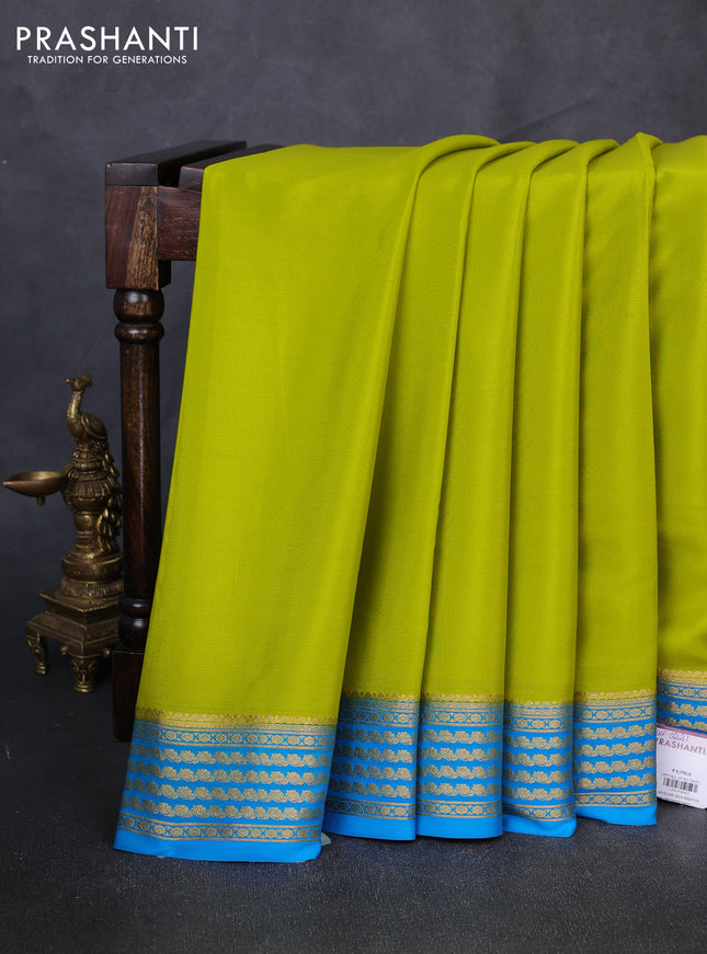 Pure mysore silk saree lime green and cs blue with plain body and zari woven border