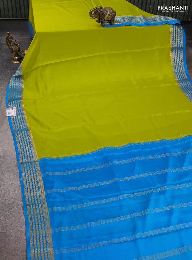 Pure mysore silk saree lime green and cs blue with plain body and zari woven border