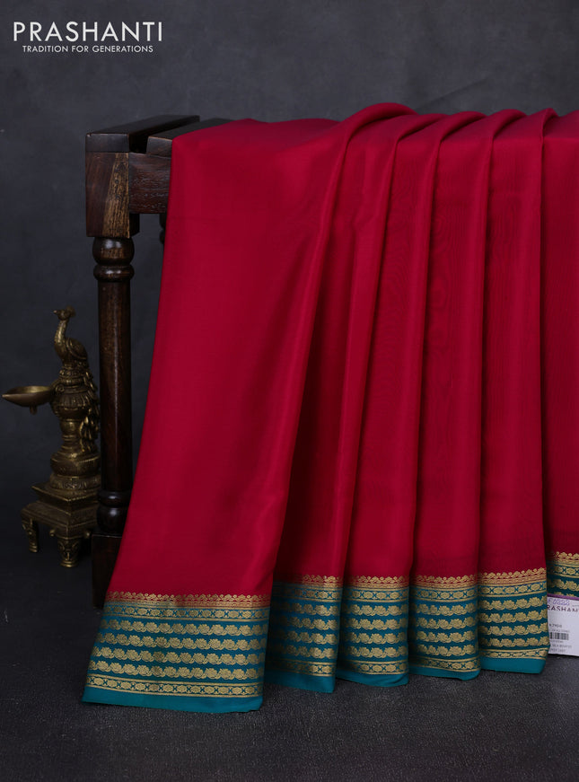 Pure mysore silk saree tomato pink and teal green with plain body and zari woven border