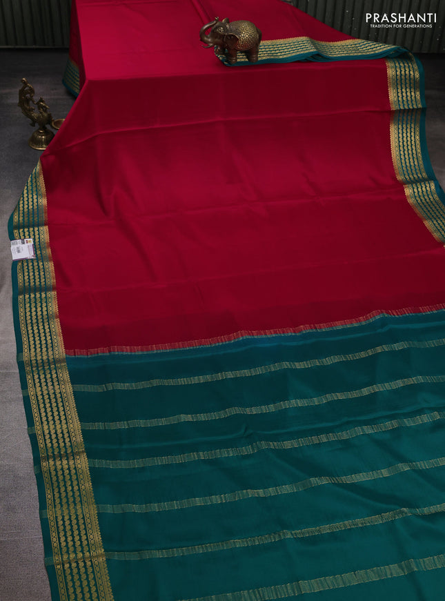 Pure mysore silk saree tomato pink and teal green with plain body and zari woven border