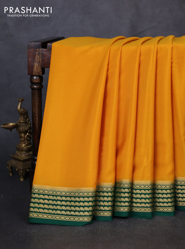Pure mysore silk saree mustard yellow and green with plain body and zari woven border