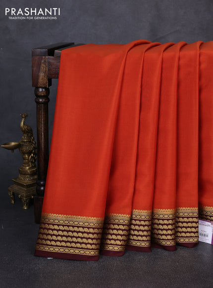 Pure mysore silk saree rust shade and coffee brown with plain body and zari woven border