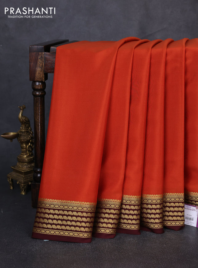 Pure mysore silk saree rust shade and coffee brown with plain body and zari woven border