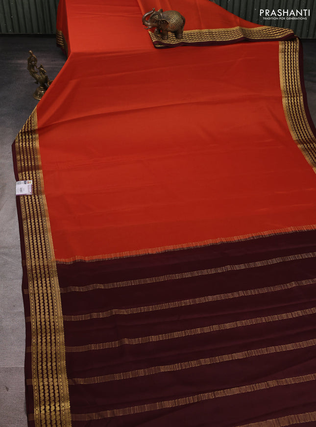 Pure mysore silk saree rust shade and coffee brown with plain body and zari woven border