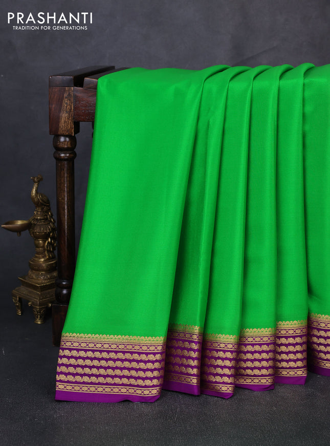 Pure mysore silk saree green and purple with plain body and zari woven border