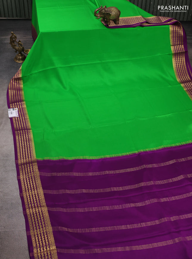 Pure mysore silk saree green and purple with plain body and zari woven border