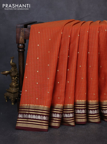 Pure mysore silk saree rust shade and coffee brown with allover zari checks & buttas and zari woven border