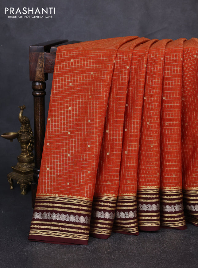 Pure mysore silk saree rust shade and coffee brown with allover zari checks & buttas and zari woven border