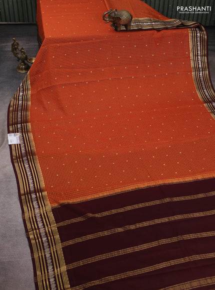 Pure mysore silk saree rust shade and coffee brown with allover zari checks & buttas and zari woven border