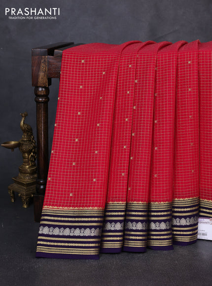 Pure mysore silk saree maroon and deep violet with allover zari checks & buttas and zari woven border