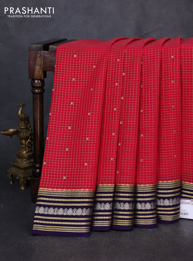 Pure mysore silk saree maroon and deep violet with allover zari checks & buttas and zari woven border