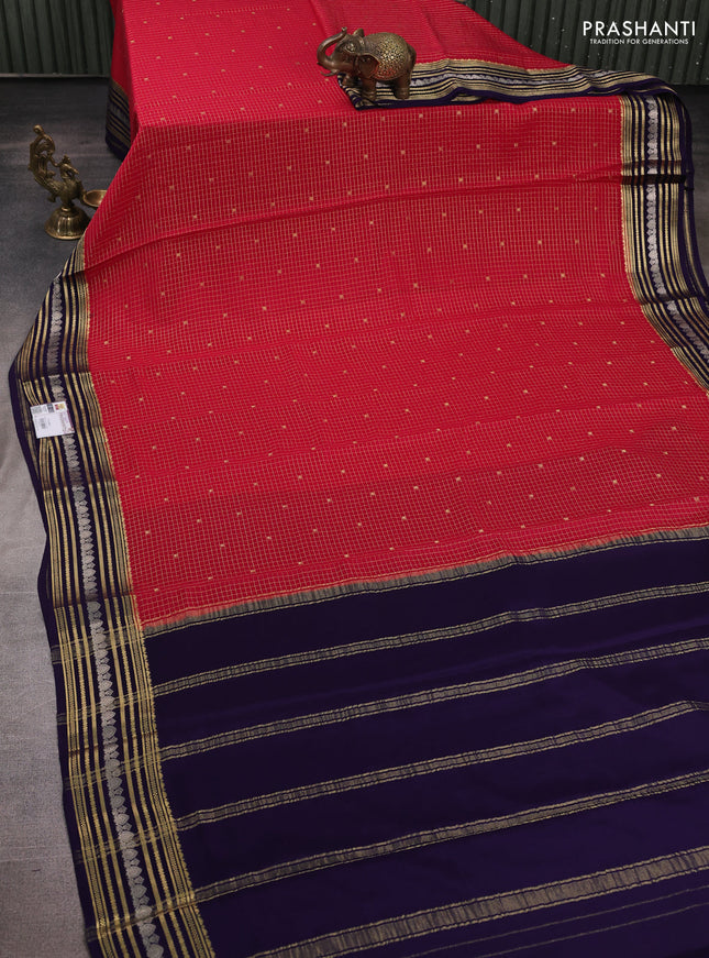 Pure mysore silk saree maroon and deep violet with allover zari checks & buttas and zari woven border