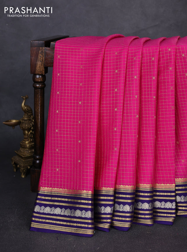 Pure mysore silk saree pink and navy blue with allover zari checks & buttas and zari woven border