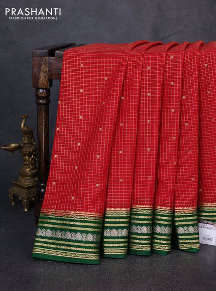 Pure mysore silk saree red and green with allover zari checks & buttas and zari woven border