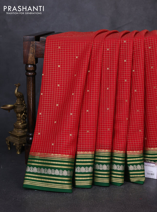 Pure mysore silk saree red and green with allover zari checks & buttas and zari woven border