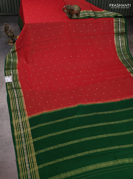 Pure mysore silk saree red and green with allover zari checks & buttas and zari woven border