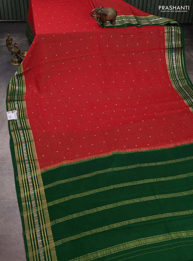 Pure mysore silk saree red and green with allover zari checks & buttas and zari woven border