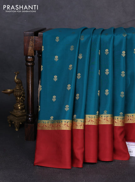Pure mysore silk saree peacock green and maroon with allover zari woven buttas and zari woven simple border
