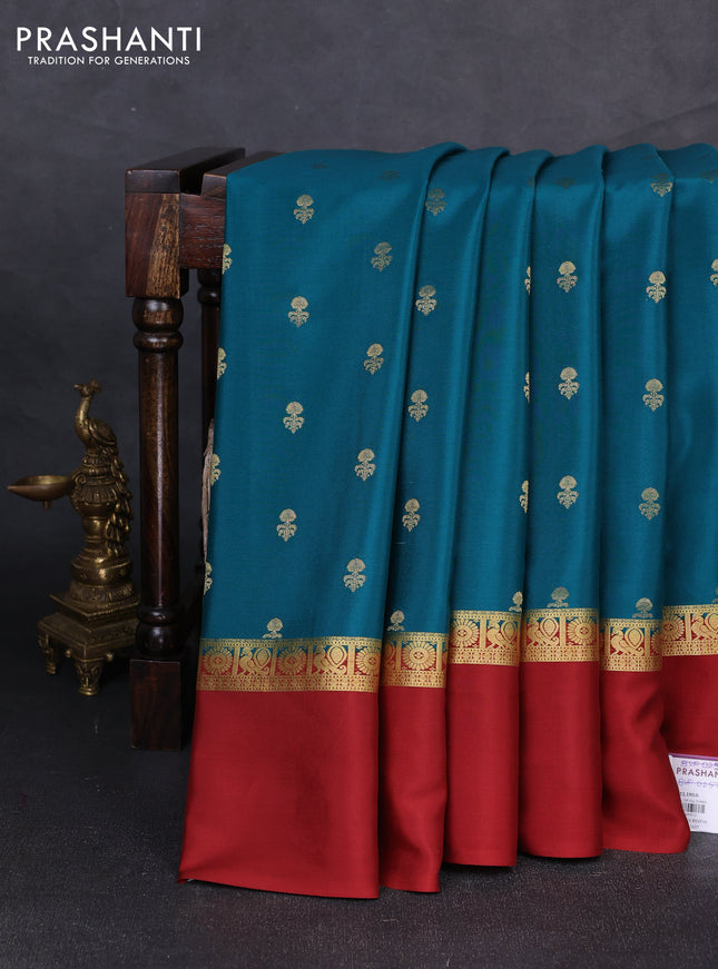 Pure mysore silk saree peacock green and maroon with allover zari woven buttas and zari woven simple border