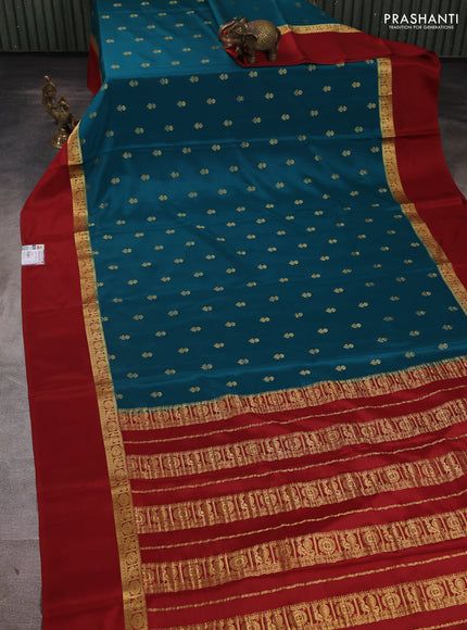 Pure mysore silk saree peacock green and maroon with allover zari woven buttas and zari woven simple border