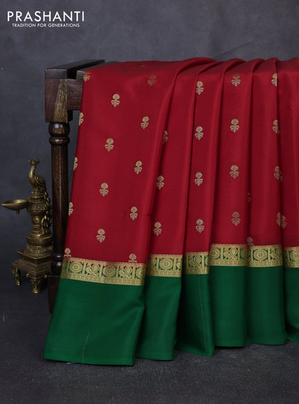 Pure mysore silk saree red and green with allover zari woven buttas and zari woven simple border
