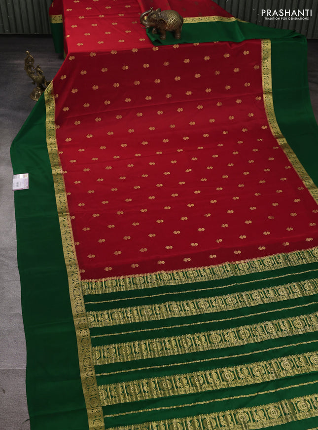 Pure mysore silk saree red and green with allover zari woven buttas and zari woven simple border