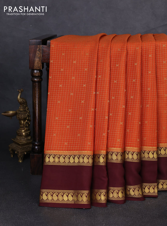 Pure mysore silk saree rust shade and coffee brown with allover small zari checks & buttas and rettapet zari woven border