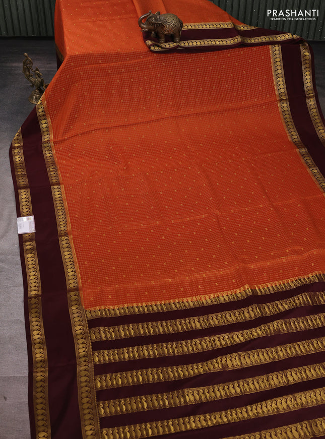 Pure mysore silk saree rust shade and coffee brown with allover small zari checks & buttas and rettapet zari woven border